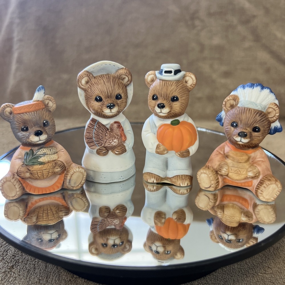 4 VINTAGE HOMCO‎ FALL PUMPKIN TURKEY THANKSGIVING BEAR FIGURINES #5312